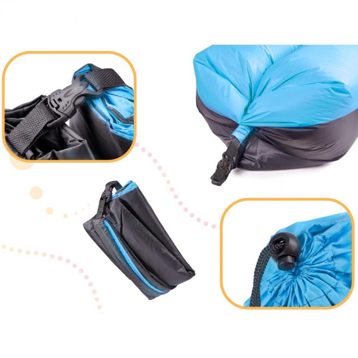 Saltea Autogonflabila Lazy Bag tip sezlong, 185 x 70cm, culoare Negru-Albastru, pentru camping, plaja sau piscina