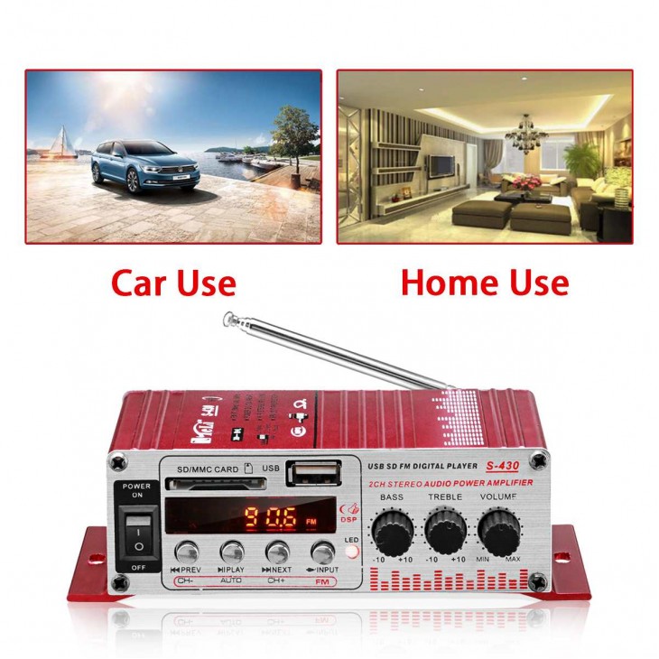 MINI amplificator auto, stereo, 12V, 40 W, radio FM, citire USB sau card SD, cu telecomanda