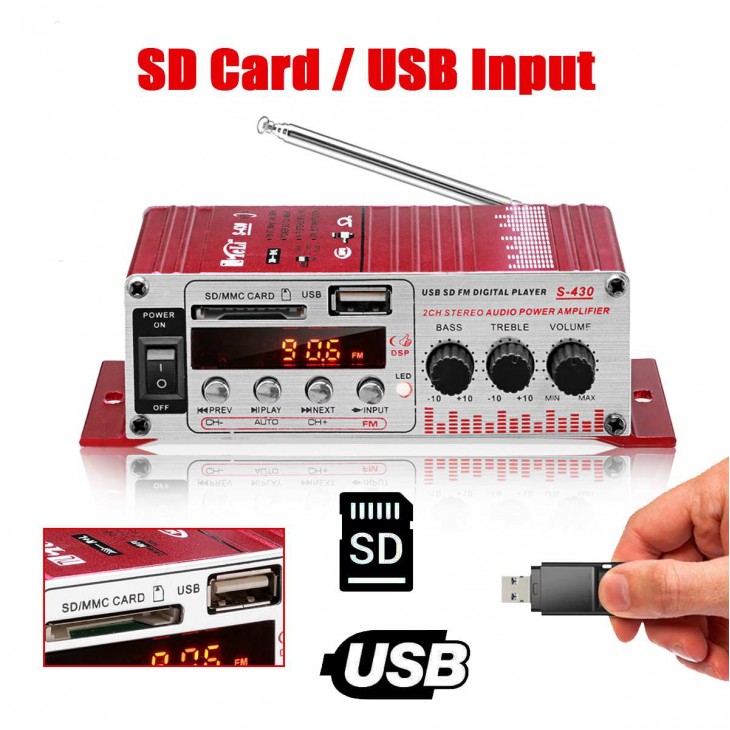 MINI amplificator auto, stereo, 12V, 40 W, radio FM, citire USB sau card SD, cu telecomanda