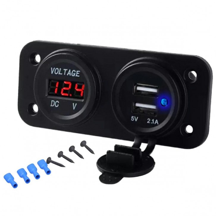 Voltmetru cu 2 x porturi incarcare USB, pentru vehicule offroad, ATV, SSV, quad, moto sau utilaje agricole, alimentare 12V