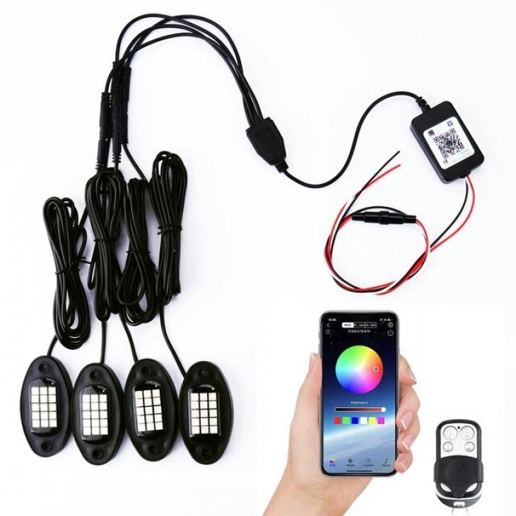 Kit 4 Lumini Ambientale RGB, model ROCK LIGHT cu telecomanda si aplicatie telefon, destinate Off-Road, ATV, SSV